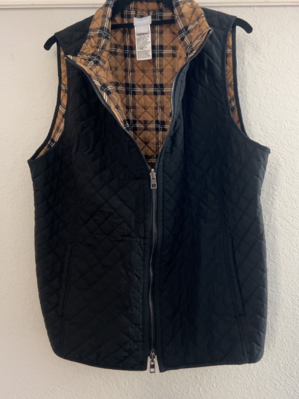 Chico’s Black Quilted Plaid Lined Zip Vest Size 3